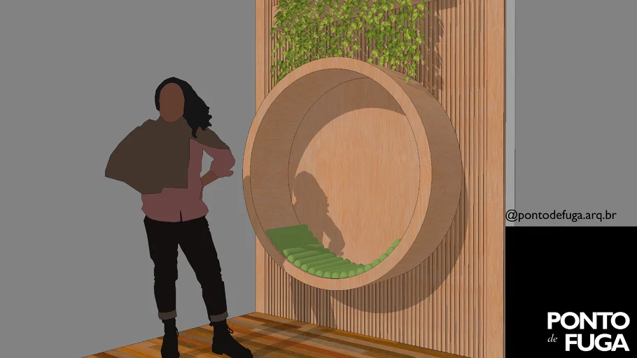 Banco circular em fundo de parede ripada - Circular bench over wooden slat