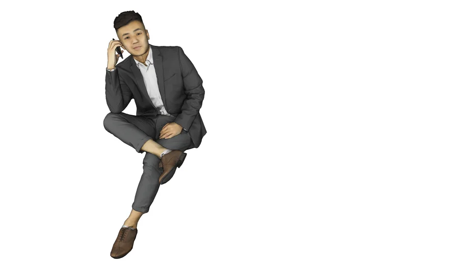 Hombre asiatico oficinista sentado con celular, Asian office worker man sitting with cell - xango3d
