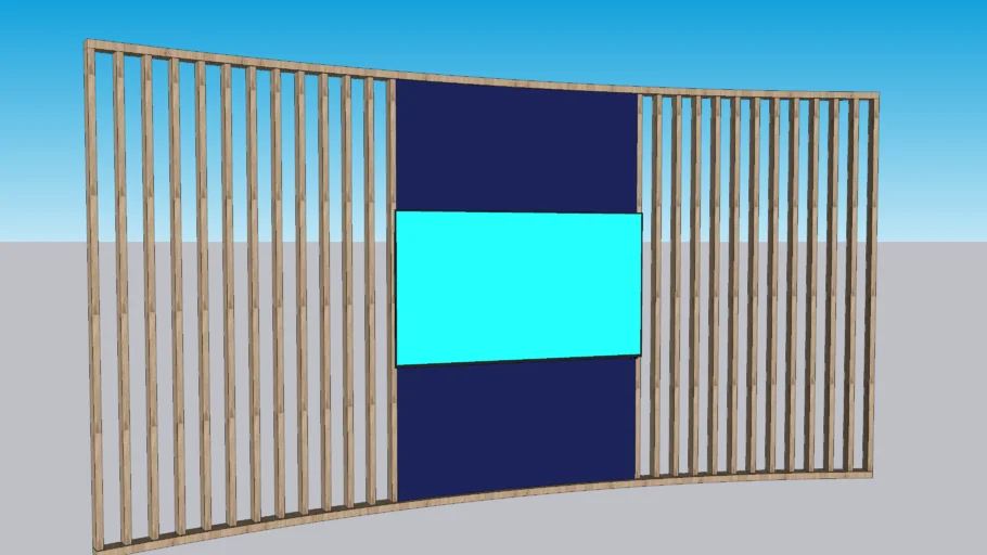 Curved timber slatted wall with graphic panel and TV
