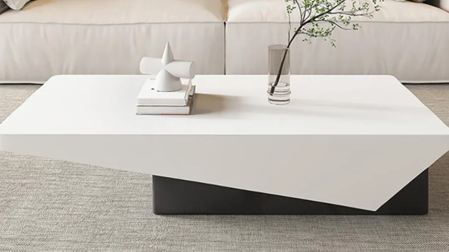  Rectangular White Modern Coffee Table with Block Base and Drawers for Storage - White Stone