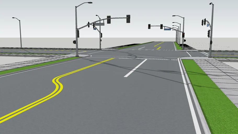 Intersection with traffic lights sidewalks and curbs