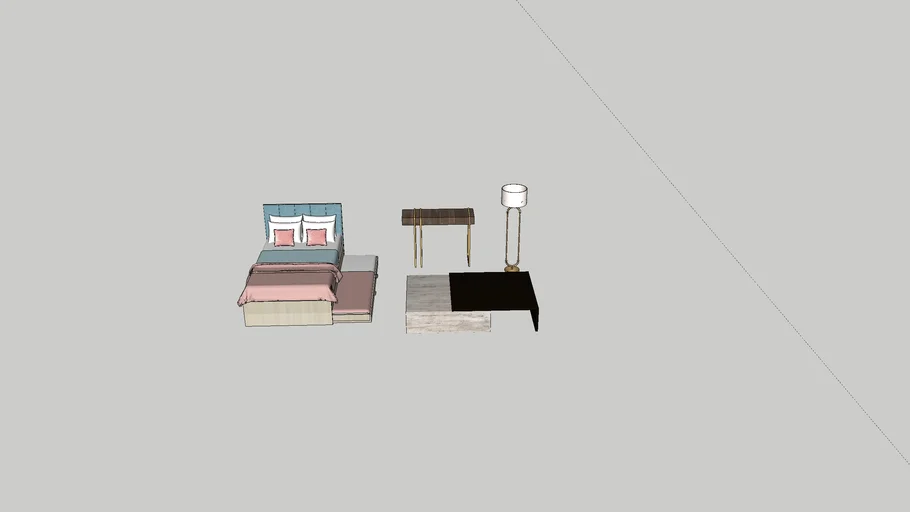bed, console, coffee table, floor lamp