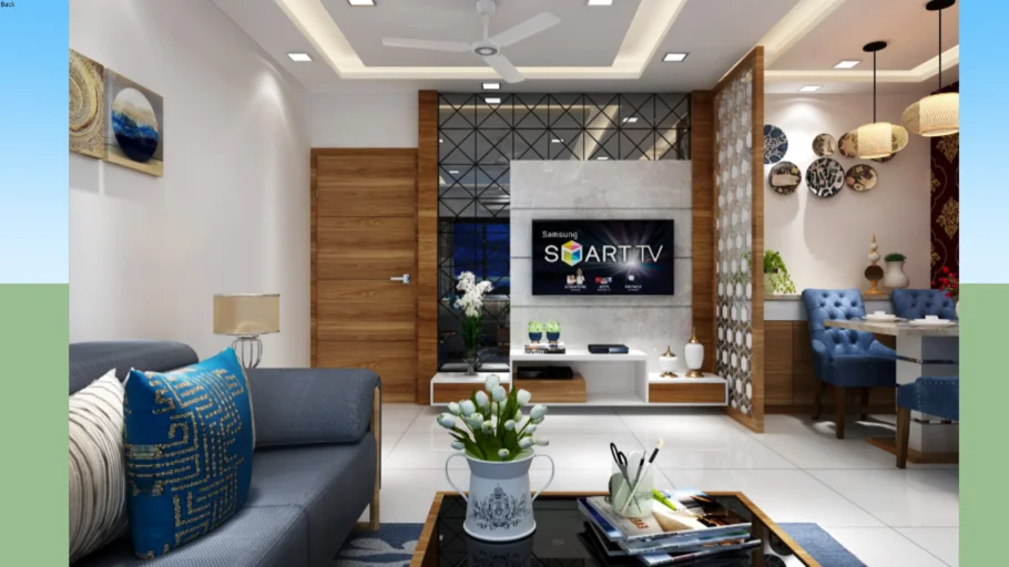 living room with sofa, dining table and tv unit
