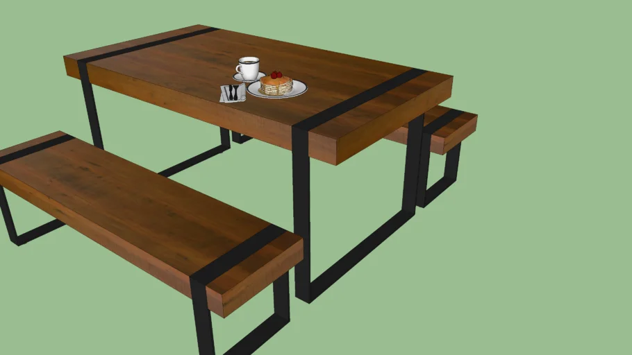 Mesa pé de ferro com bancos