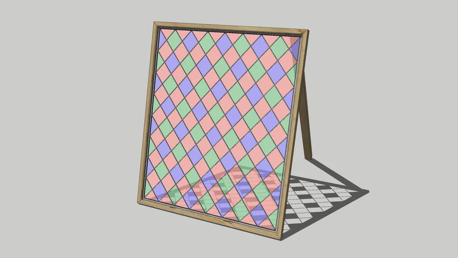 colourful, chequered glass window in a simple wooden