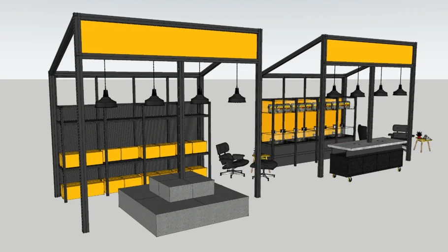 Retail Modules - pitched roof structures with shelving and display islands 