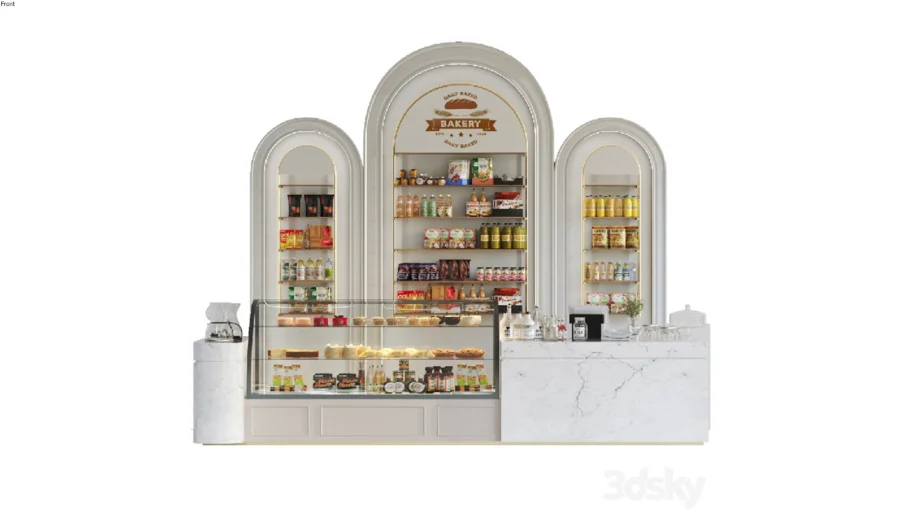 Design project of a coffee house in a classic style with a showcase with desserts and sweets