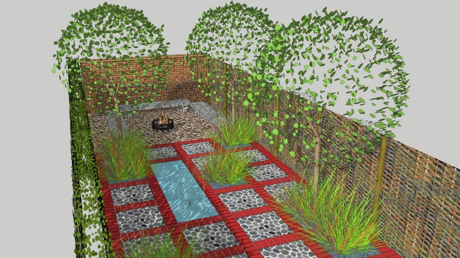 Brick and Stone, Pond, Grasses, Firepit and Seating Garden