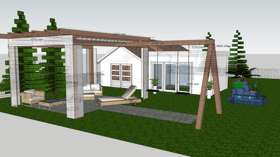 Pergola madera y piedra carilica en jardin