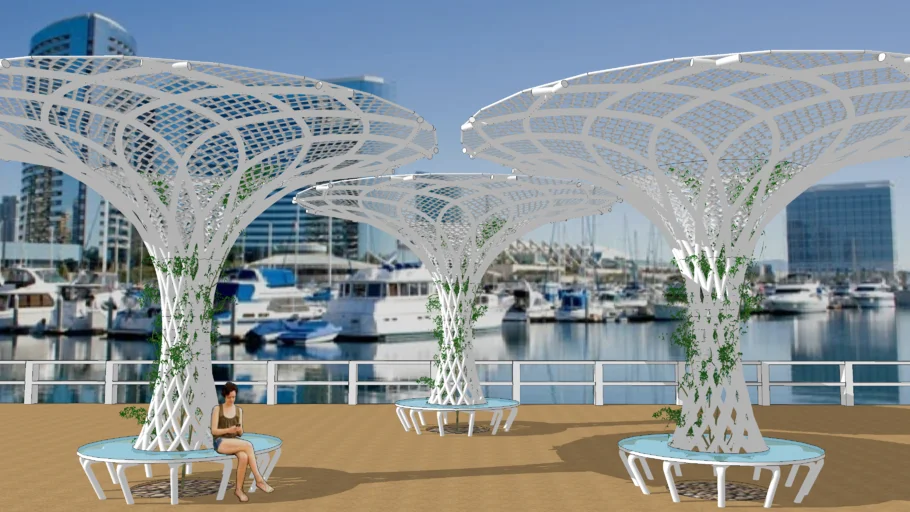 Double Spiral Lattice Canopy with Round Bench