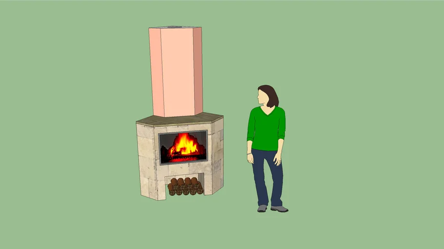 Chimenea piedra esquina simétrica con insert y leñera