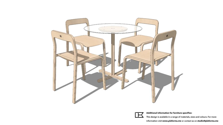 PLAFORMA DELTA WOOD GLASS TABLE AND PLAFORMA BRAVO BLANCO ALL WOOD CHAIR