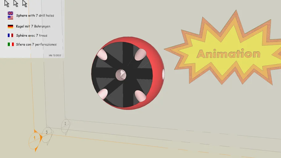 Sphere with 7 drill holes, animation -  Kugel mit 7 Bohrungen, Animation.