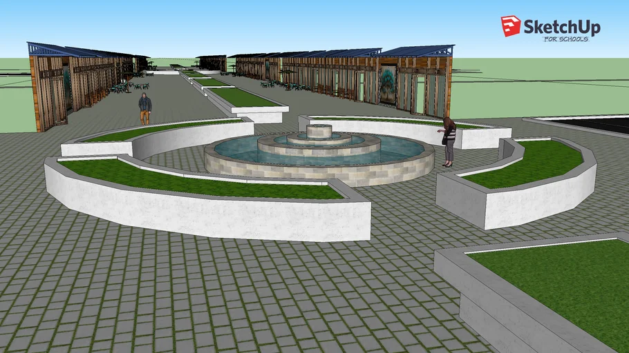 Street Plaza With Fountains and Storefronts