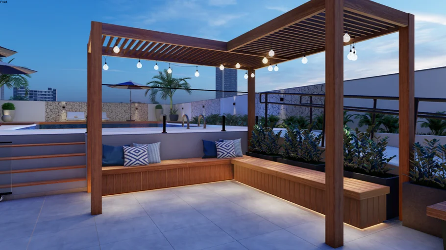 Pergolado de madeira com banco baú em L - área externa - pergola - pool