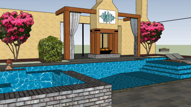 Gable Pool Deign With Fireplace curtains.