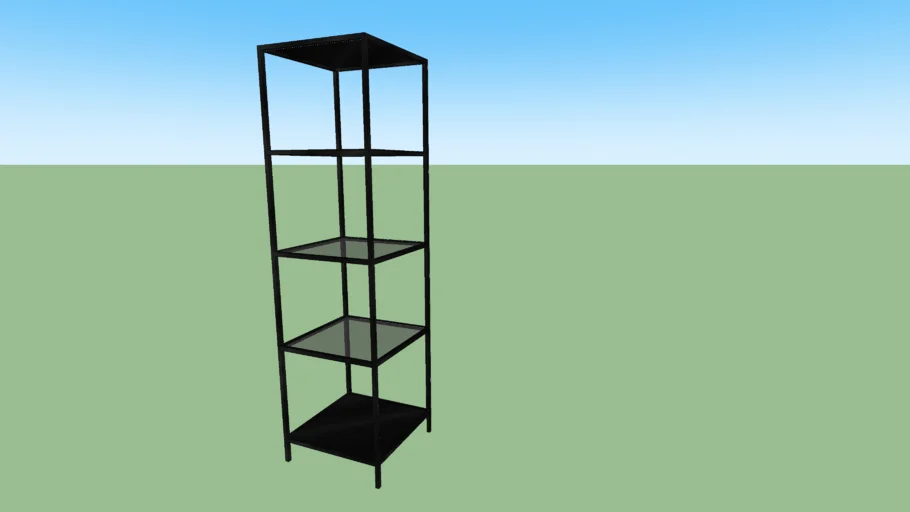 Black IKEA shelving unit with glass shelves