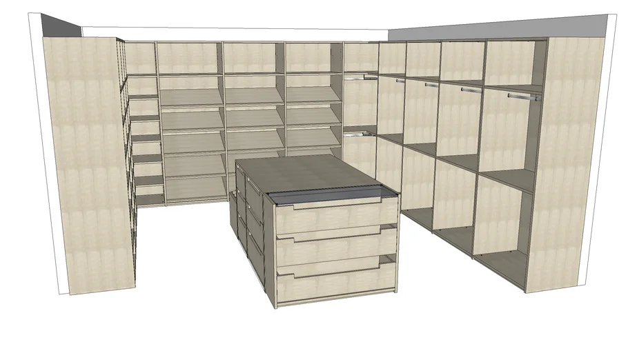Closet U con Isla, asiento y gavetero con tapa de vidrio - tablilleros y colgadores