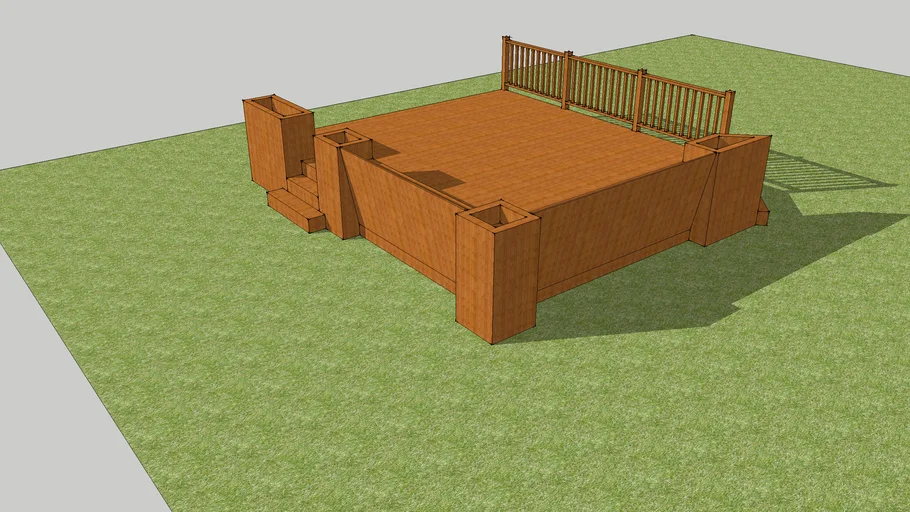 Deck with angled stairs, benches, and planters