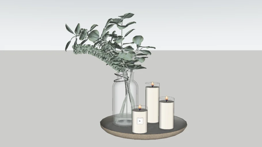 Velas Altas Acesas em uma bandeja redonda com um vaso de plantas secas verdes