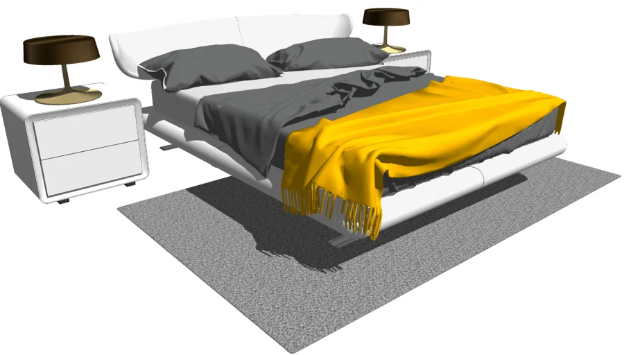 Cama. Bed. Mesa de noche. Night table. Lámpara de mesa. Table lamp.