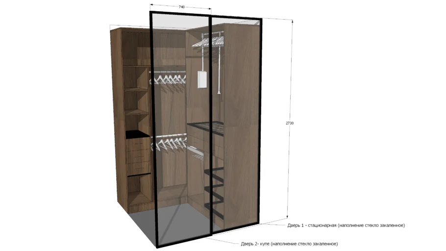Modern wooden wardrobe with glass door integration