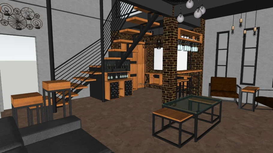 Industrial Living room with Mini Bar