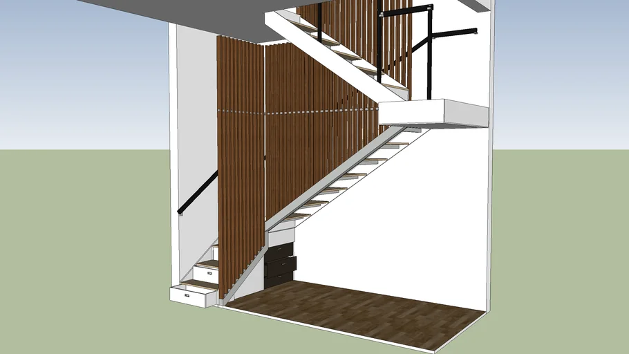 wooden stais + stair case + railing + devider