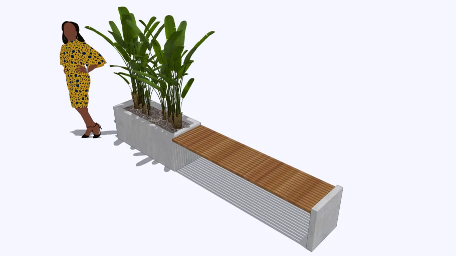 Banco concreto e madeira com jardineira