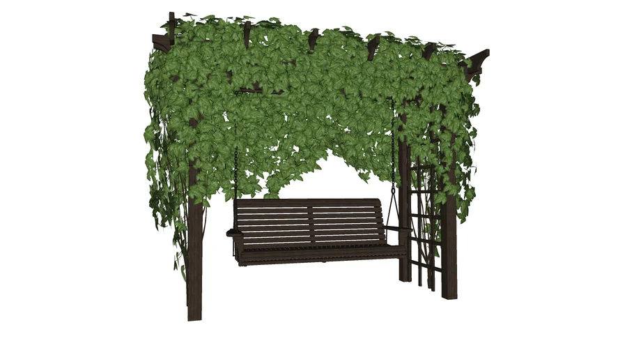 Balanço de jardim com estrutura e trepadeira.