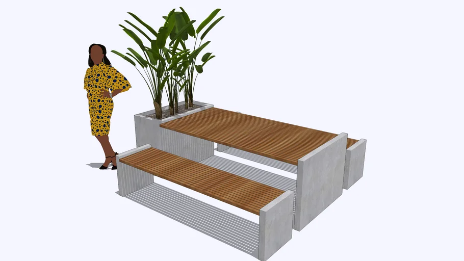 Mesa de piquenique concreto e madeira com jardineira