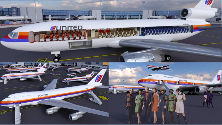 UNITED LATE 70's Fleet IN SAUL BASS LIVERY - Boeing 747, 727, 737, DC-8 and DC-10