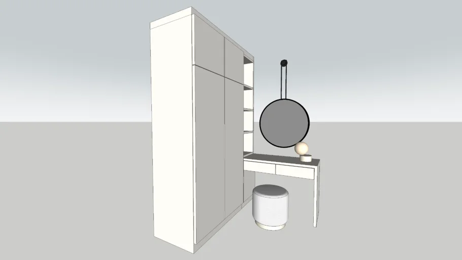 wardrobe and makeup table, round mirror, desk lamp