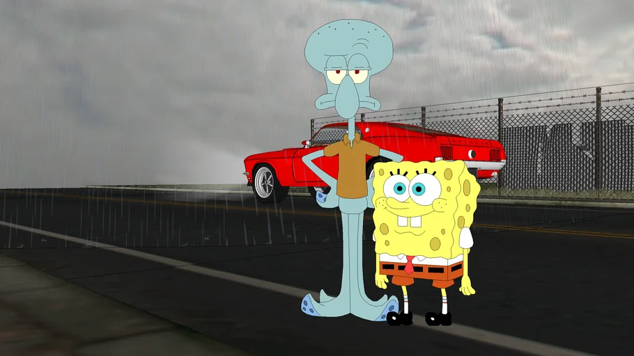 Squidward and SpongeBob In The Rain and House and Car