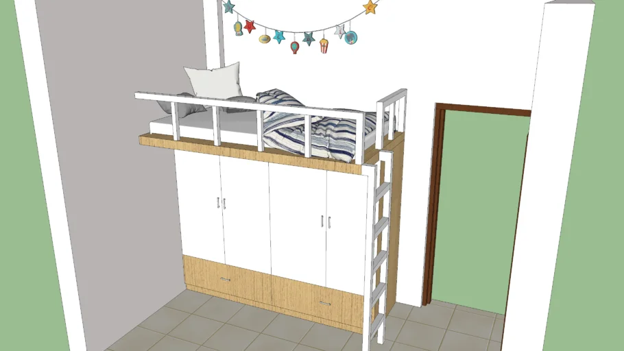 Bunk bed for single person with Wadrobe below.
