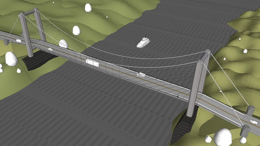 Cable-stayed suspension bridge over river