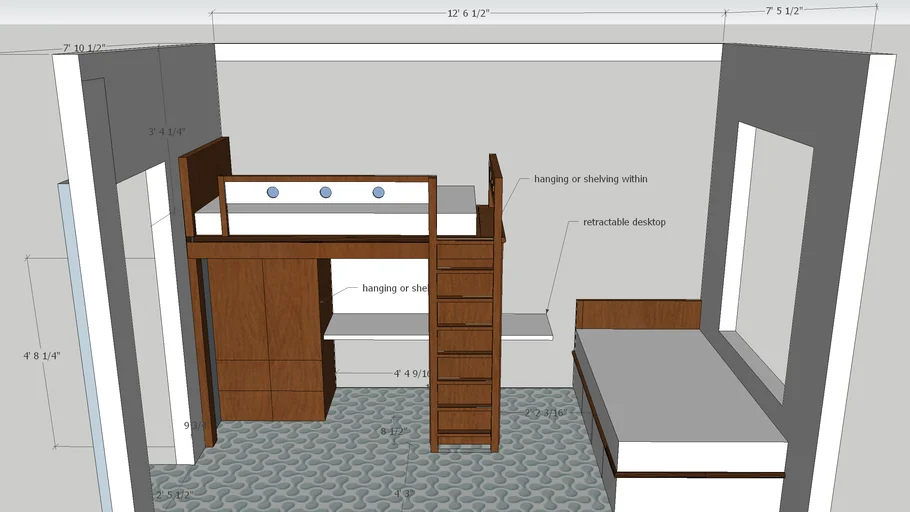 loft bed with 2 desks