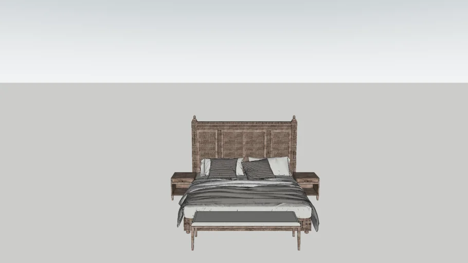 Wooden Bed With Side Table & Ottomon