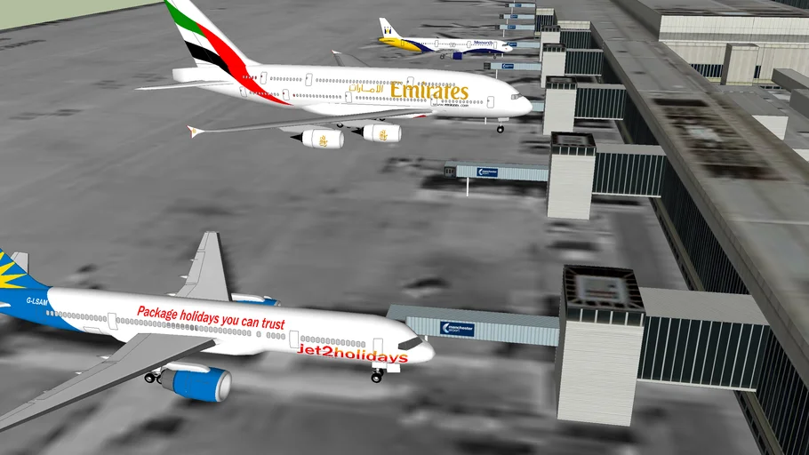 manchester airport terminal 2 Emirates a380, Jet2 757, Monarch a321