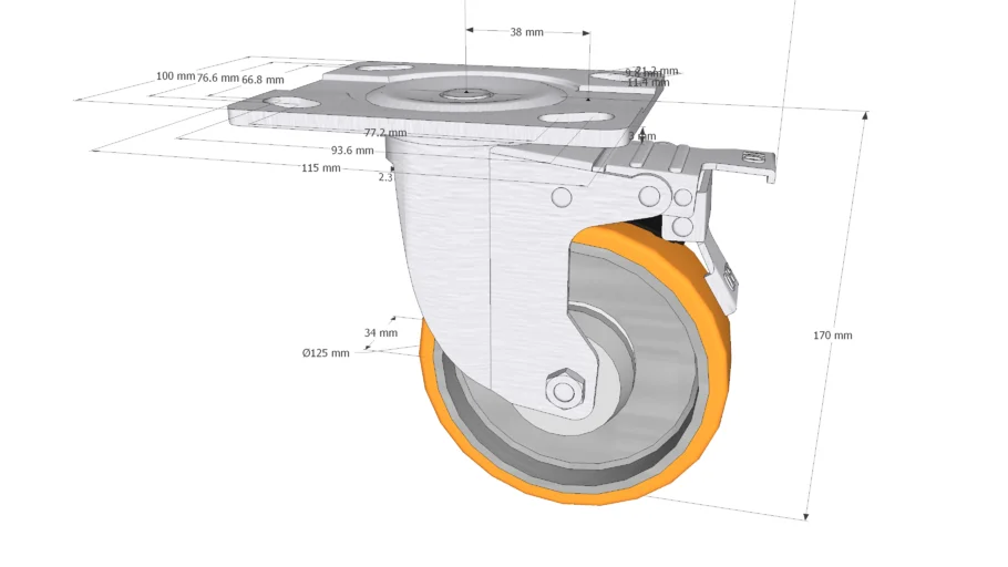 Bánh xe đẩy PU hợp kim nhôm 5Inch - khóa
