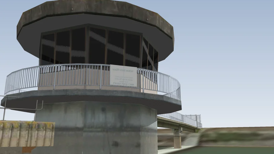 Ardingly Reservoir dam, valve tower and water sports Activity Centre.