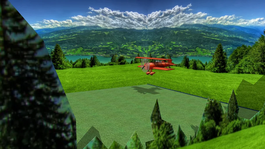 Red biplane landing in field