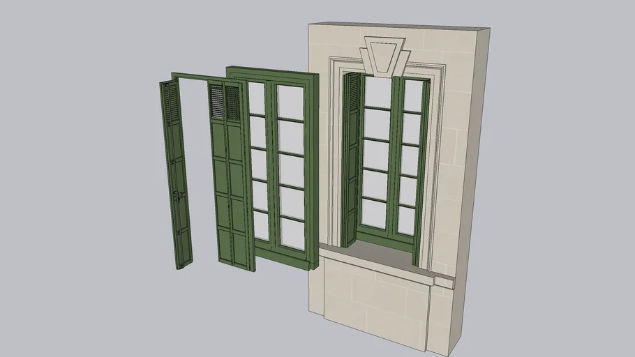 Fenêtre à la francaise, en bois, 2 battants, style XIX ème siècle, avec volets