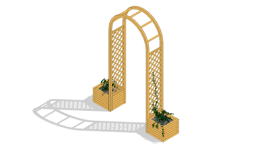 wooden garden pergola, arch with flower pots