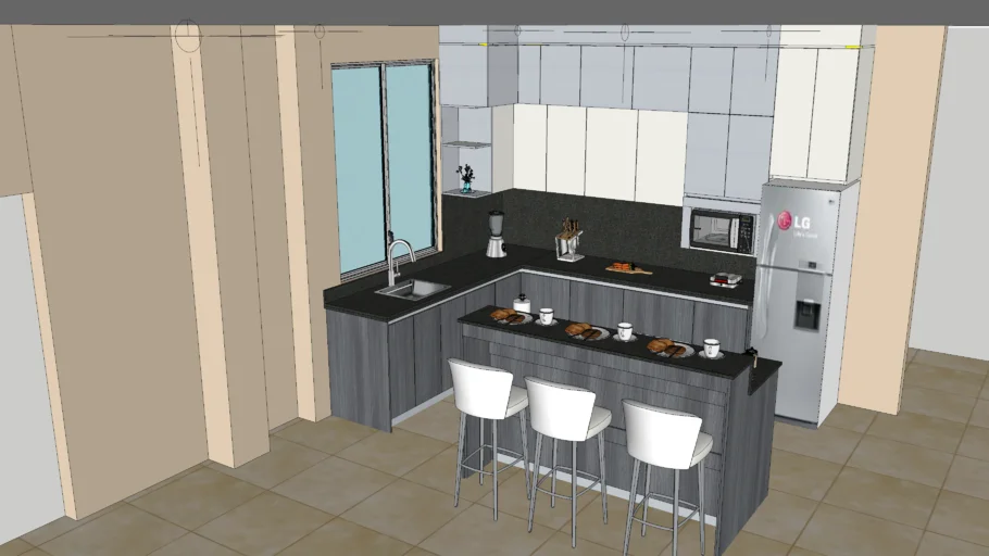 COCINA CON ISLA BLANCO GRIS Y ROBLE GRIS