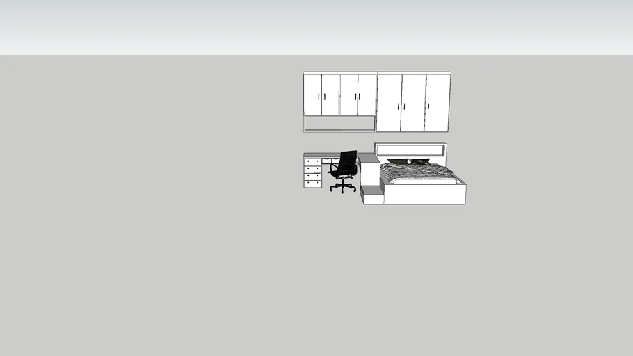 single bed with study table, bookshelf and wardrobe