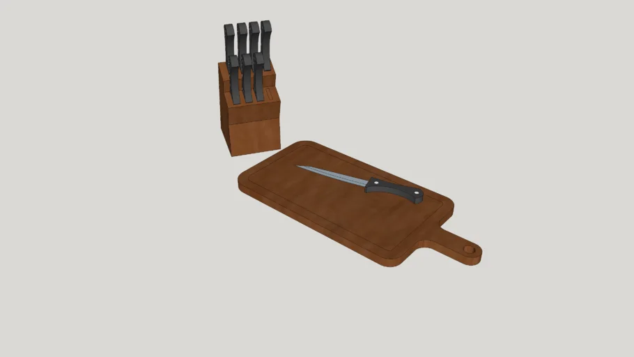 Utensílios de cozinha - Faqueiro e tábua de madeira.