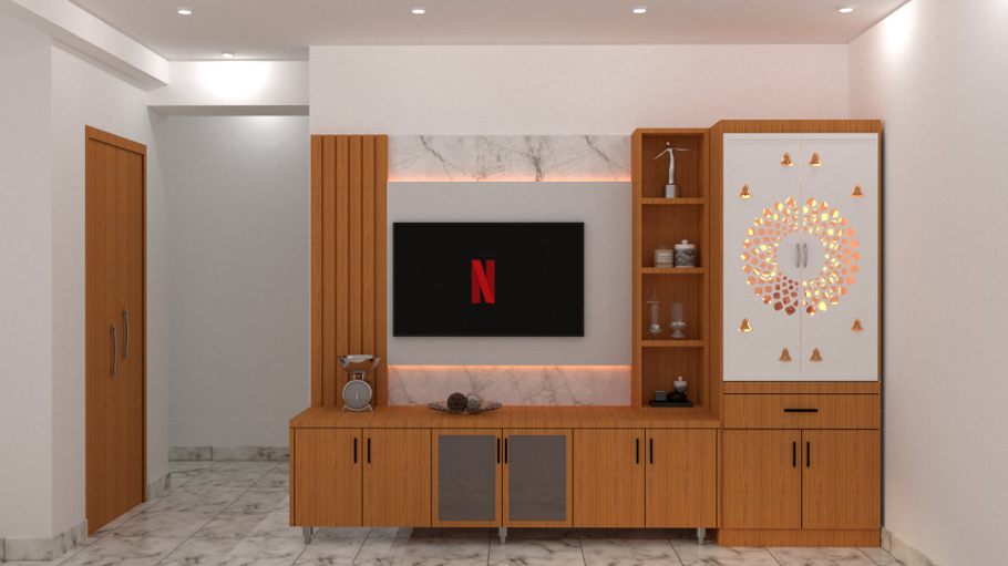 TV UNIT WITH POOJA , TV UNIT, POOJA, TEMPLE
