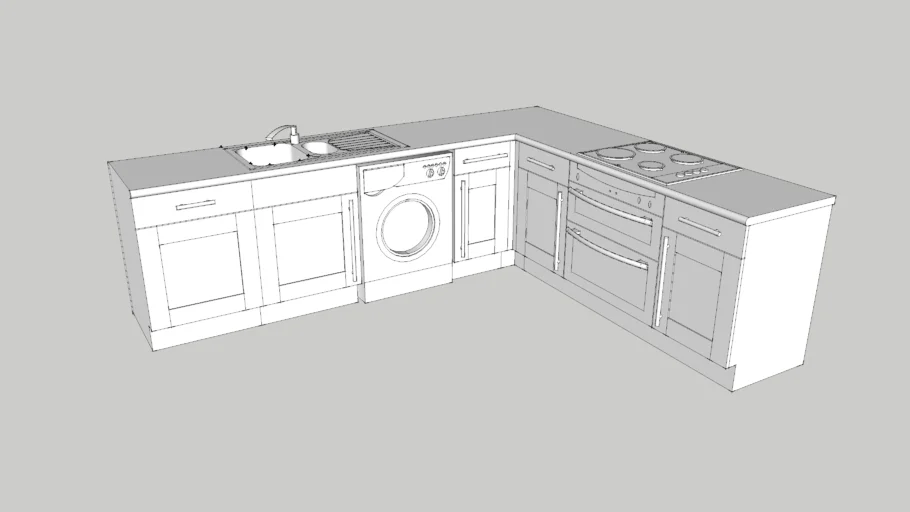 kitchen cadinets with cooker/oven washing machine and sink.