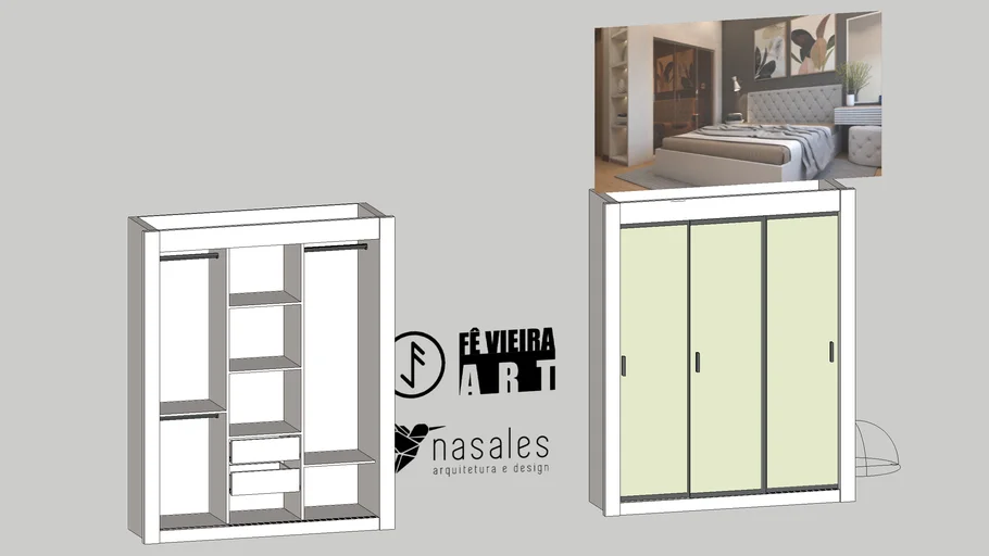 White wardrobe with crystal mirror bronze - Guarda-roupa branco Reflecta bronze modelo Mobly